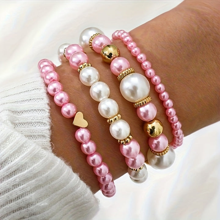 Conjunto Elegante de Pulseiras de Pérolas com Coração