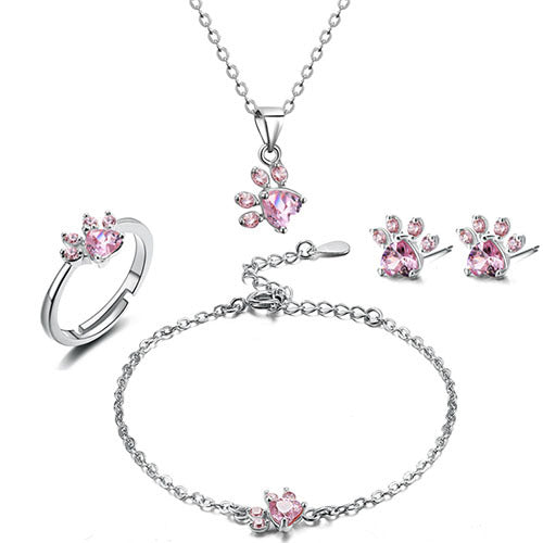 Conjunto de Joias com Pata em Ouro Rosa – 4 Peças com Coração de Zircónia (Anel, Colar, Brincos, Pulseira)