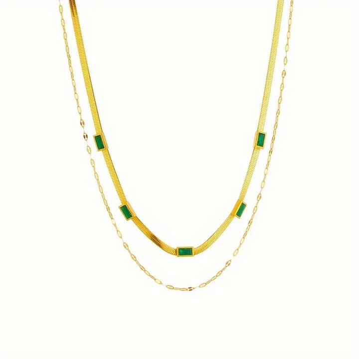 Colar Retro Dourado de Duas Camadas Sorella com Pedra Preciosa