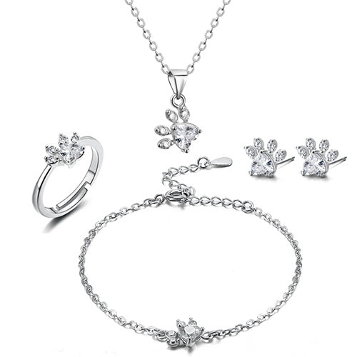 Conjunto de Joias com Pata em Ouro Rosa – 4 Peças com Coração de Zircónia (Anel, Colar, Brincos, Pulseira)