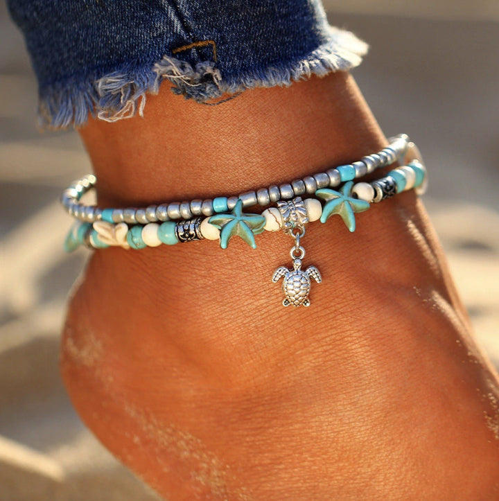 Pulseira de Tornozelo de Praia com Estrela-do-Mar e Tartaruga