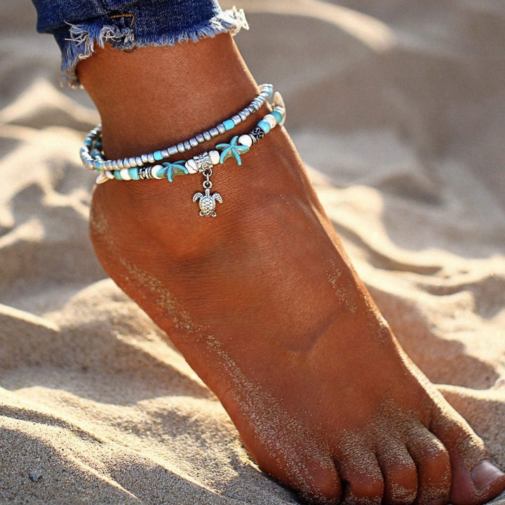 Pulseira de Tornozelo de Praia com Estrela-do-Mar e Tartaruga