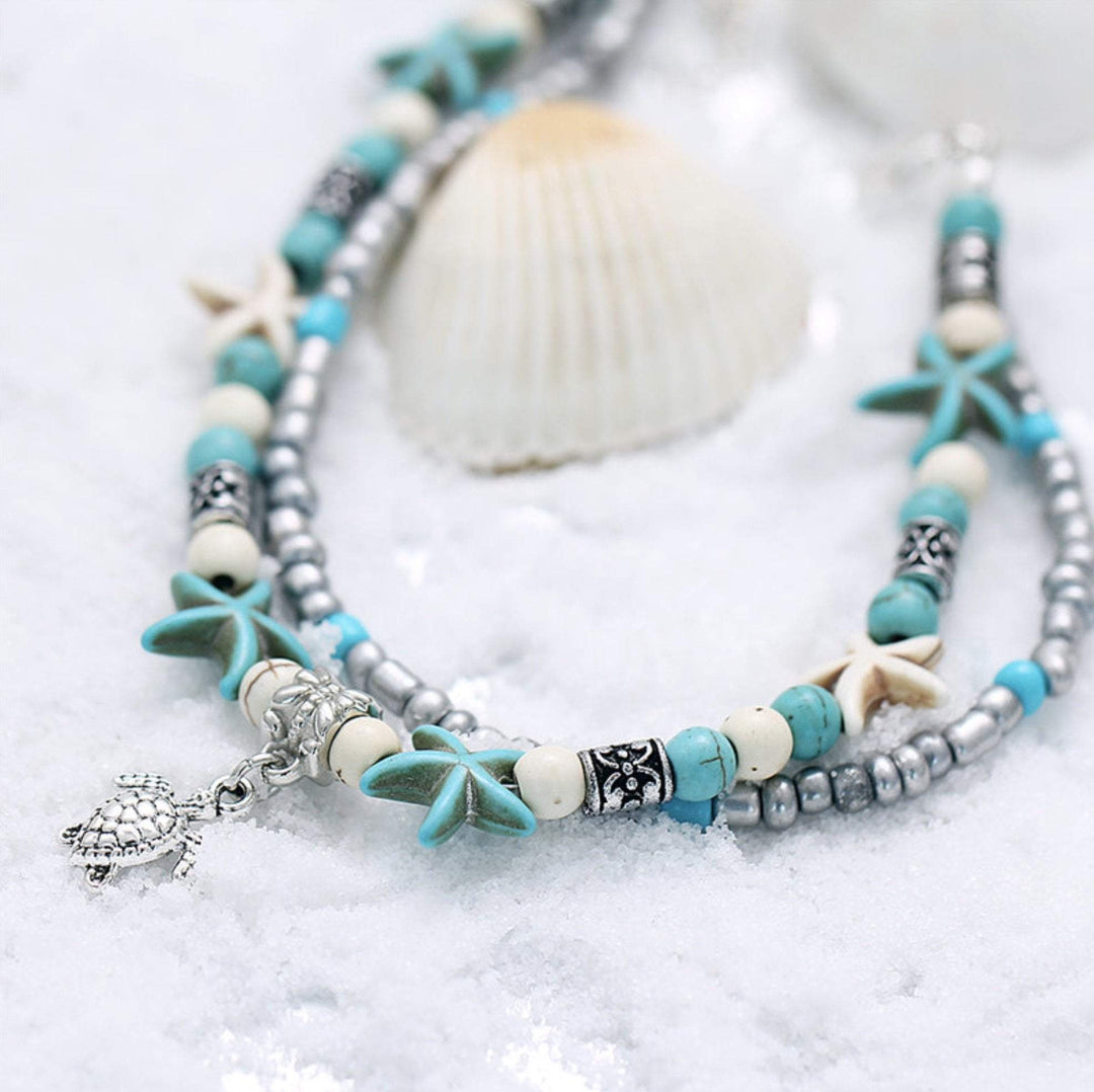 Pulseira de Tornozelo de Praia com Estrela-do-Mar e Tartaruga