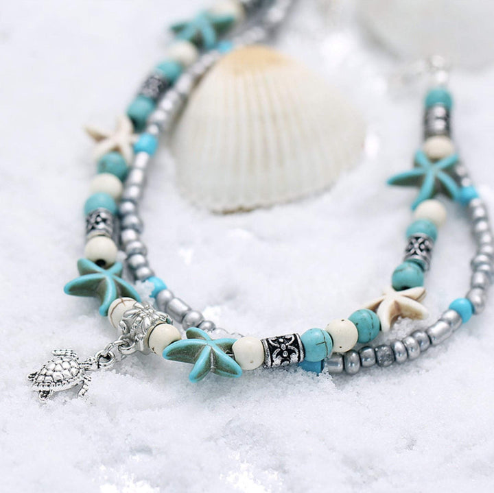 Pulseira de Tornozelo de Praia com Estrela-do-Mar e Tartaruga