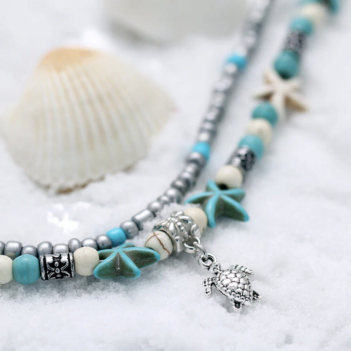 Pulseira de Tornozelo de Praia com Estrela-do-Mar e Tartaruga
