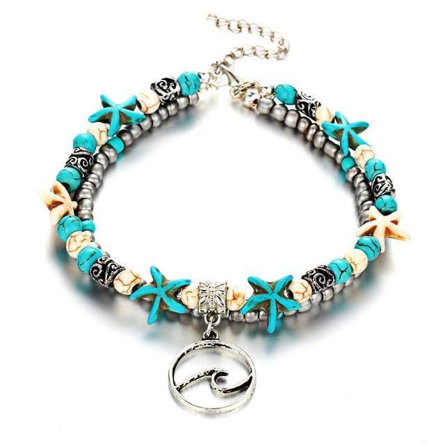 Pulseira de Tornozelo de Praia com Estrela-do-Mar e Tartaruga
