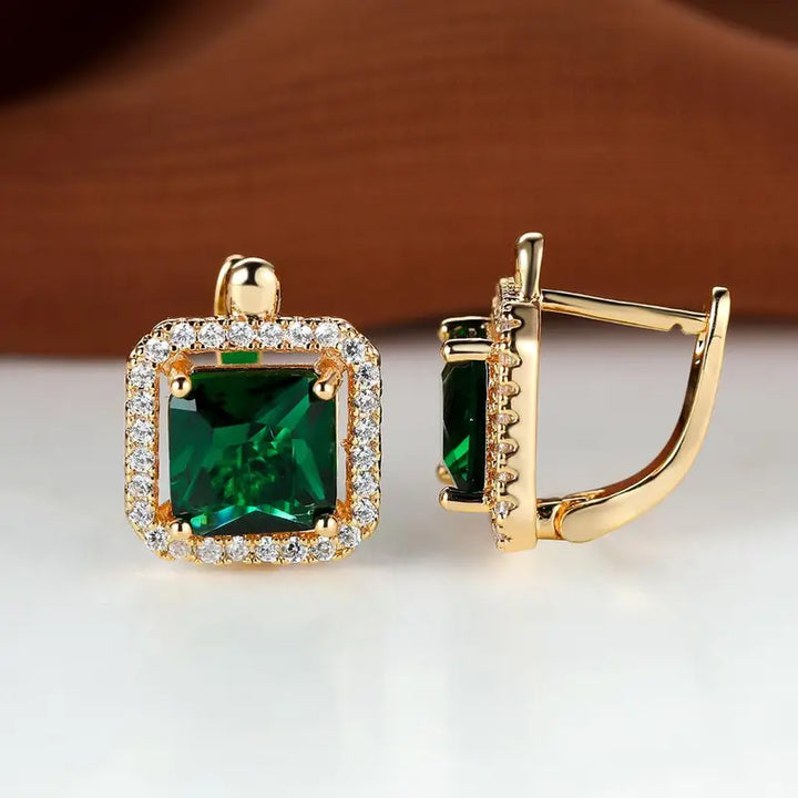 Brincos Dourados com Zircónias Verdes Quadradas