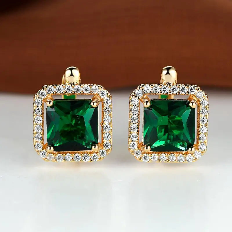 Brincos Dourados com Zircónias Verdes Quadradas