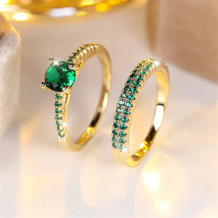 Conjunto de Dois Anéis Serena com Esmeralda | Ouro