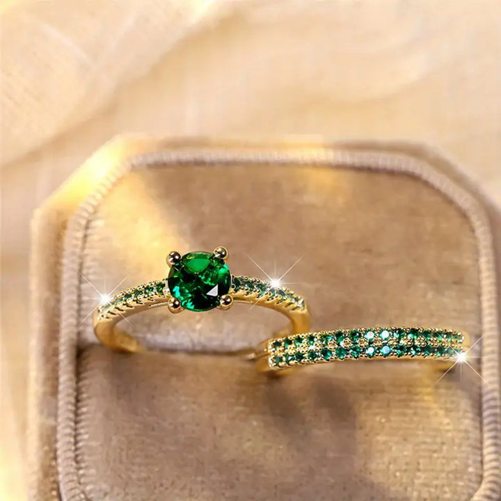 Conjunto de Dois Anéis Serena com Esmeralda | Ouro