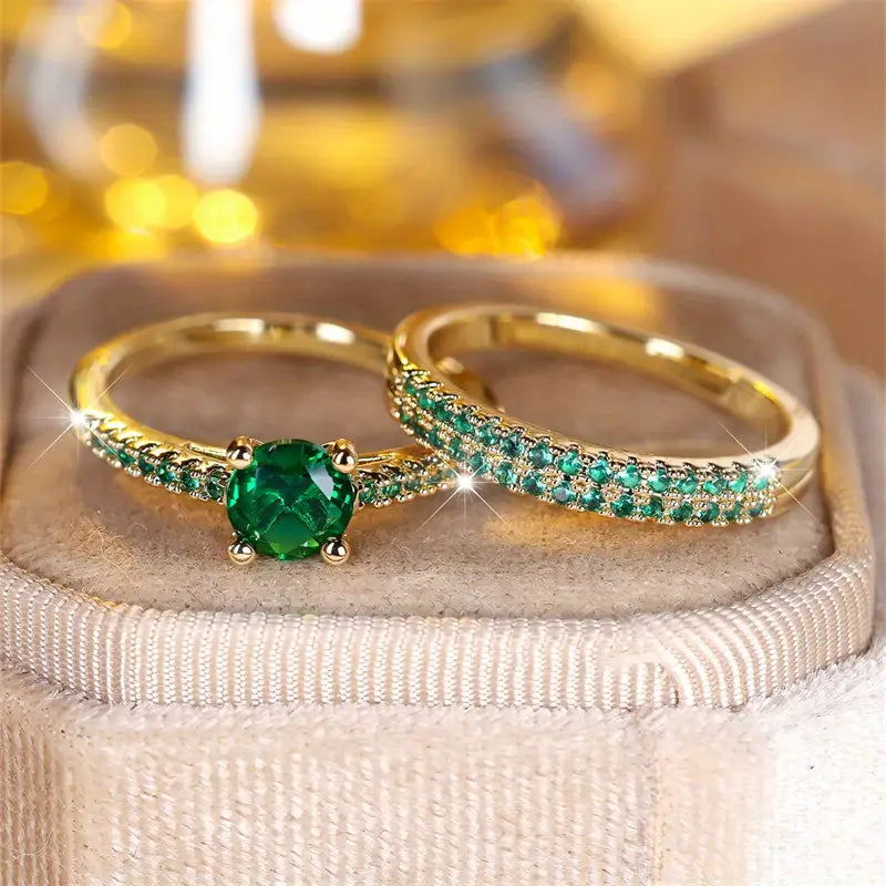 Conjunto de Dois Anéis Serena com Esmeralda | Ouro