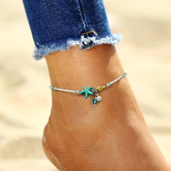 Pulseira de Tornozelo com Estrela-do-Mar, Concha e Pedras Naturais