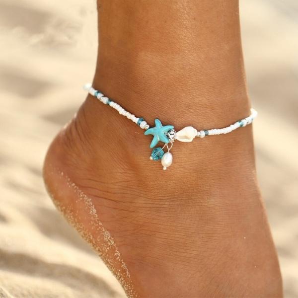 Pulseira de Tornozelo com Estrela-do-Mar, Concha e Pedras Preciosas