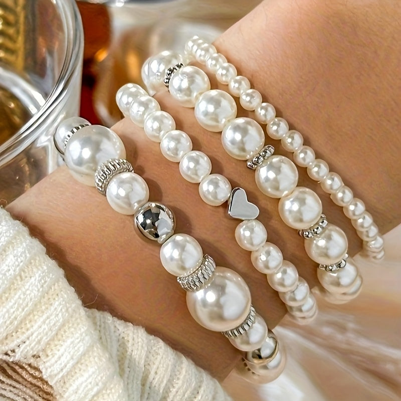 Conjunto Elegante de Pulseiras de Pérolas com Coração