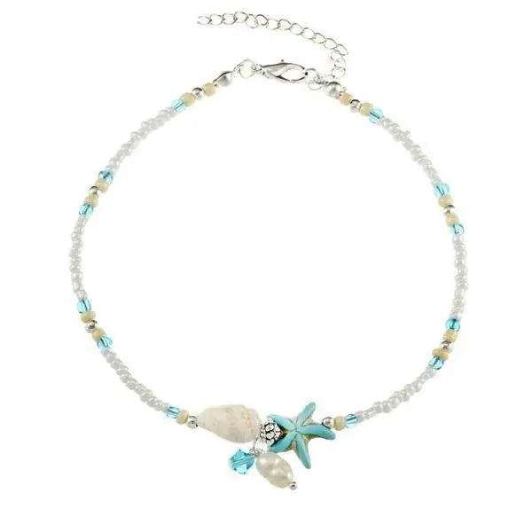Pulseira de Tornozelo com Estrela-do-Mar, Concha e Pedras Naturais