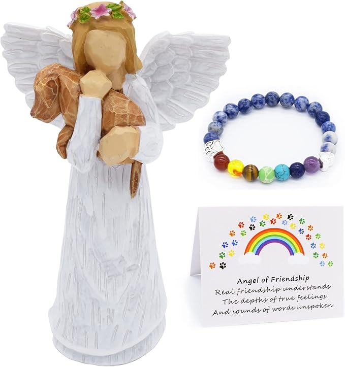 Conjunto de Oferta em Memória do Cão com Figura Anjo da Amizade e Pulseira de Chakras Ponte Arco-Íris