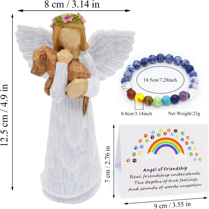 Conjunto de Oferta em Memória do Cão com Figura Anjo da Amizade e Pulseira de Chakras Ponte Arco-Íris