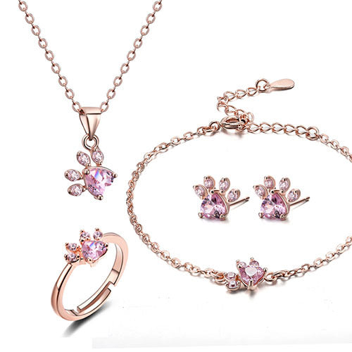Conjunto de Joias com Pata em Ouro Rosa – 4 Peças com Coração de Zircónia (Anel, Colar, Brincos, Pulseira)