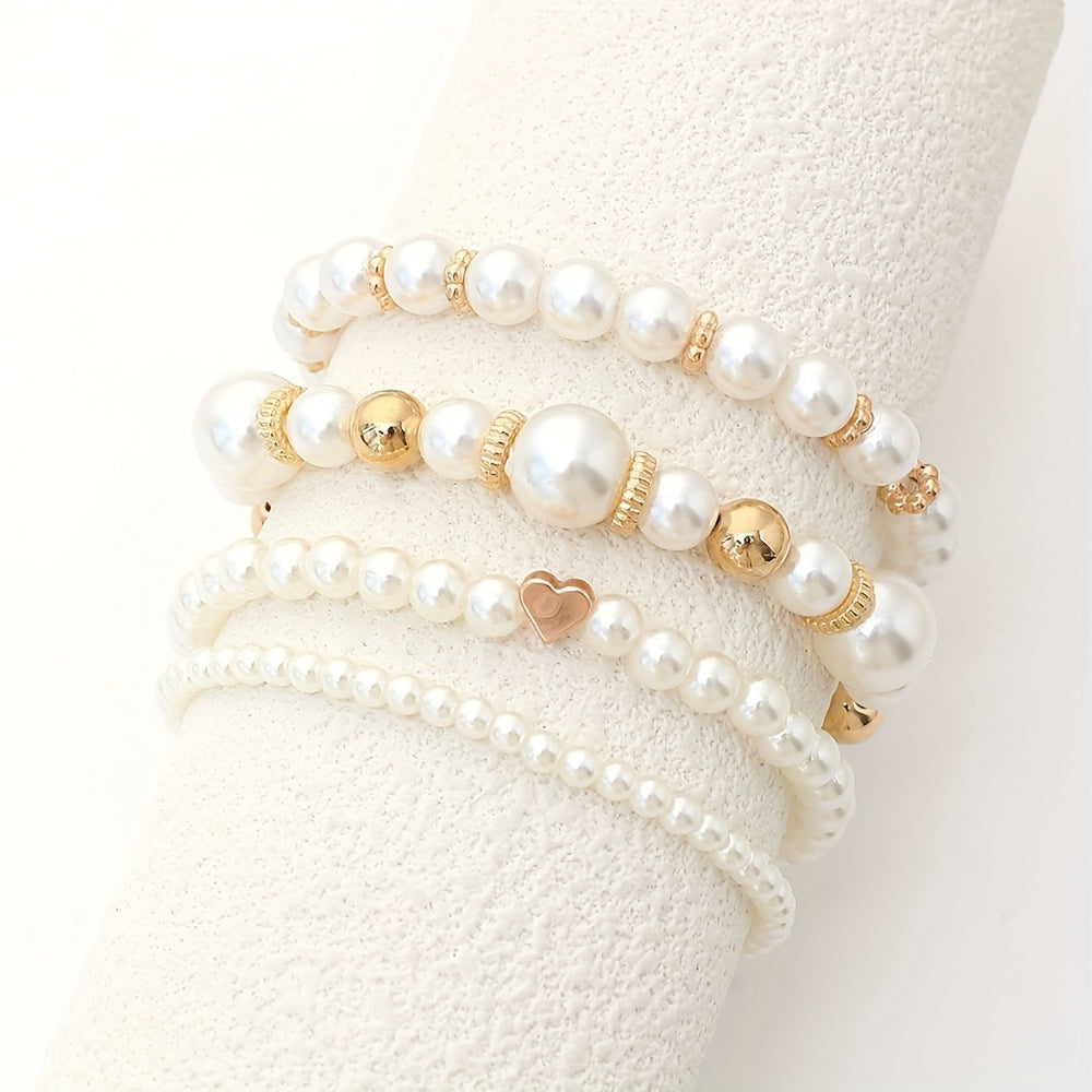 Conjunto Elegante de Pulseiras de Pérolas com Coração
