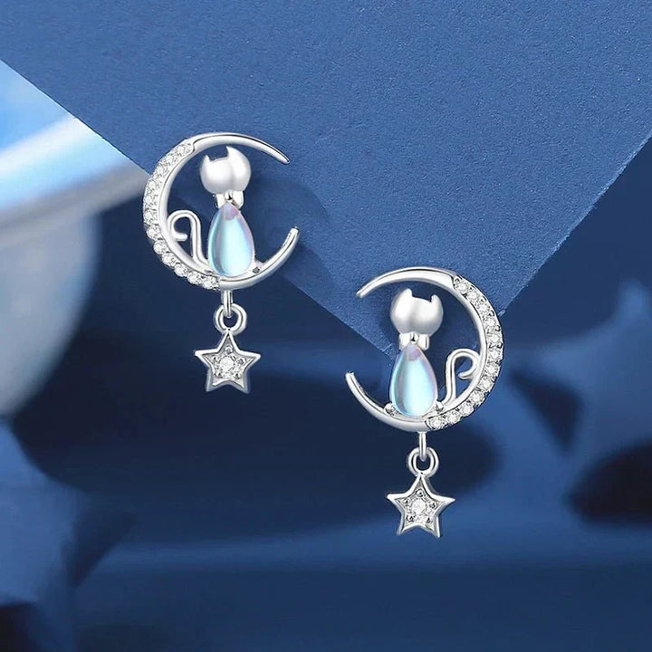 Brincos com Gato, Lua e Estrela com Zircónias, Prata 925