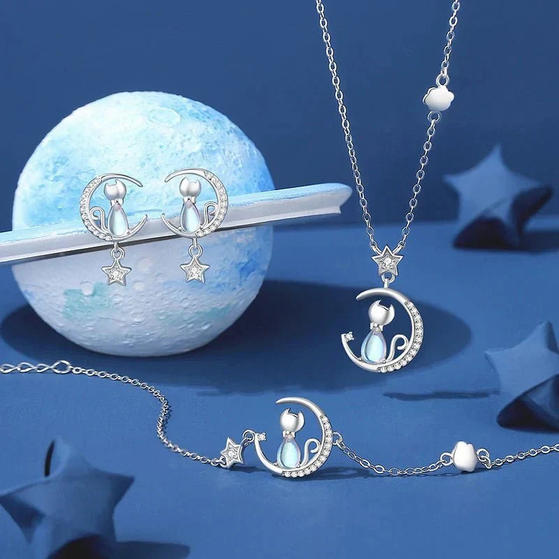 Brincos com Gato, Lua e Estrela com Zircónias, Prata 925