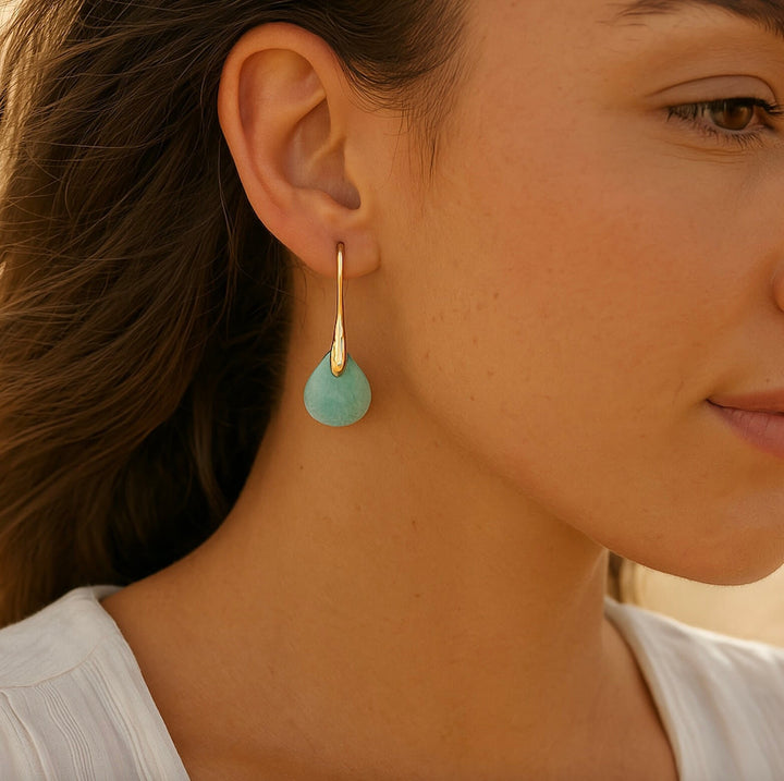 Brincos Pendentes Dourados com Amazonite Azul