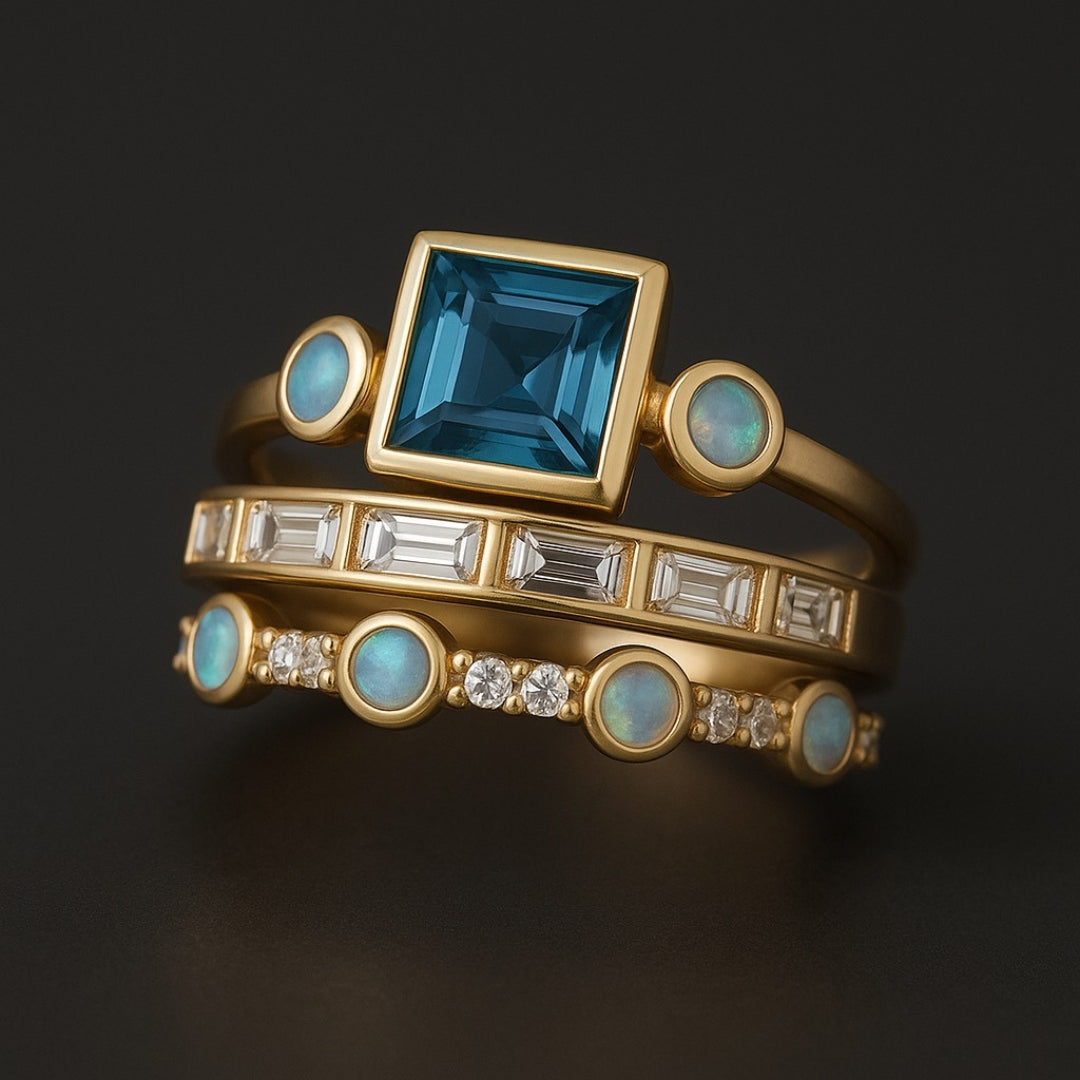 Conjunto de Anéis Vintage com Cristal Azul