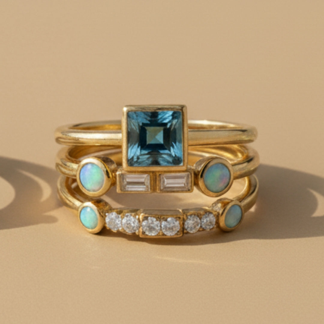 Conjunto de Anéis Vintage com Cristal Azul