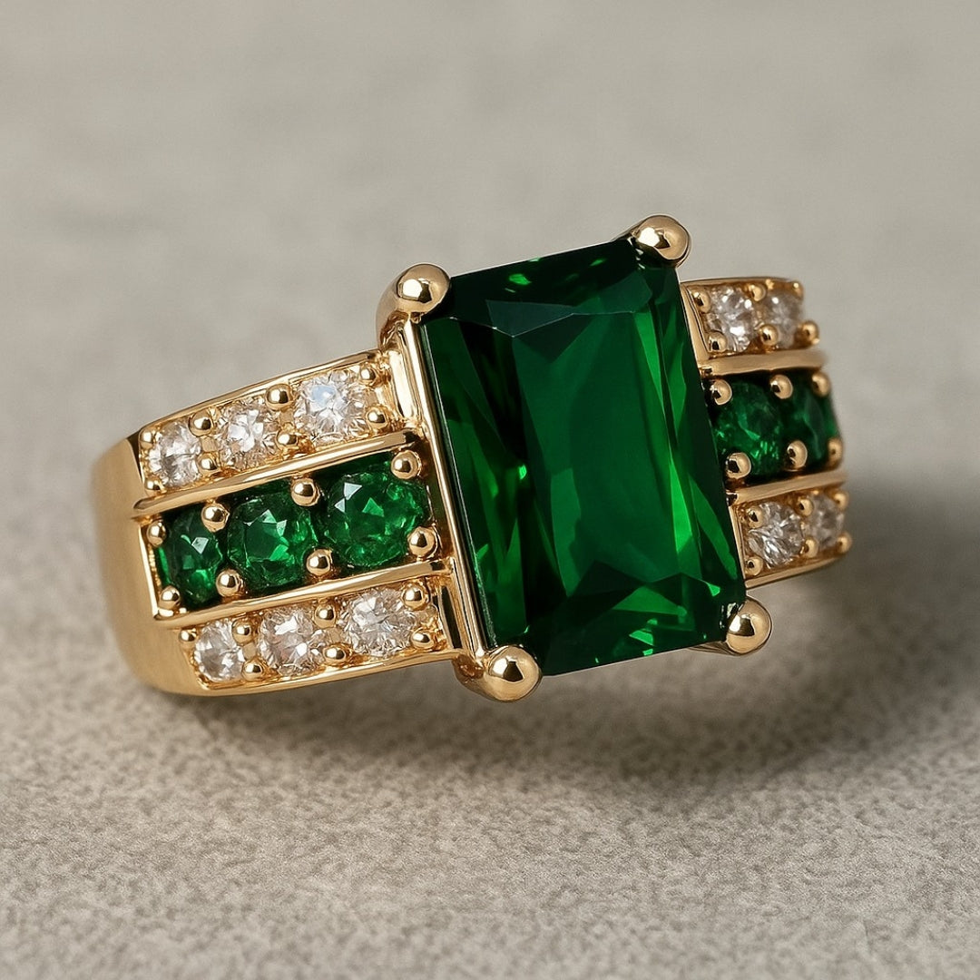 Anel Dourado com Cristais Verdes