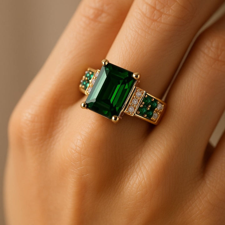 Anel Dourado com Cristais Verdes