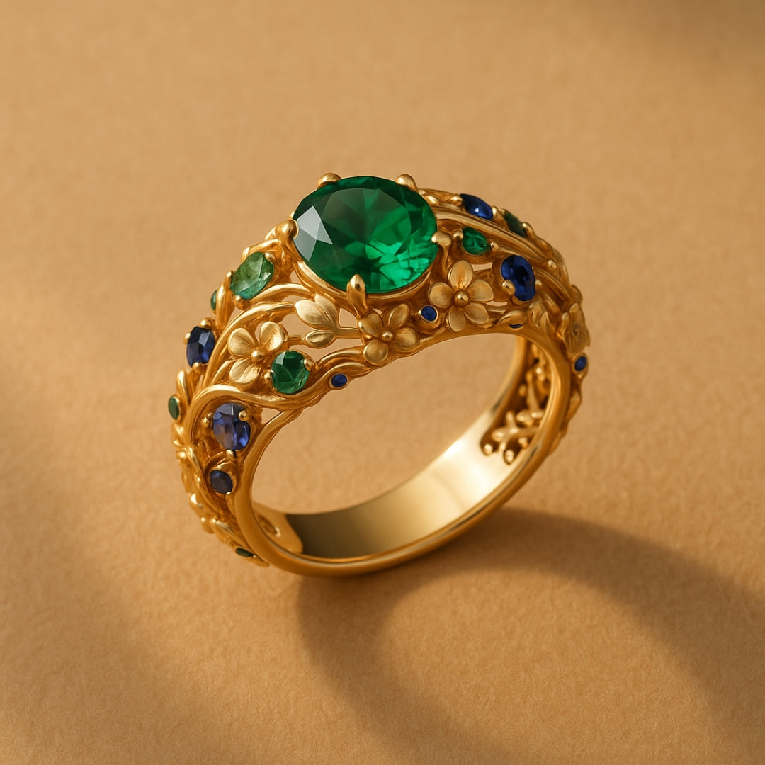 Anel Dourado com Cristais Verdes e Azuis