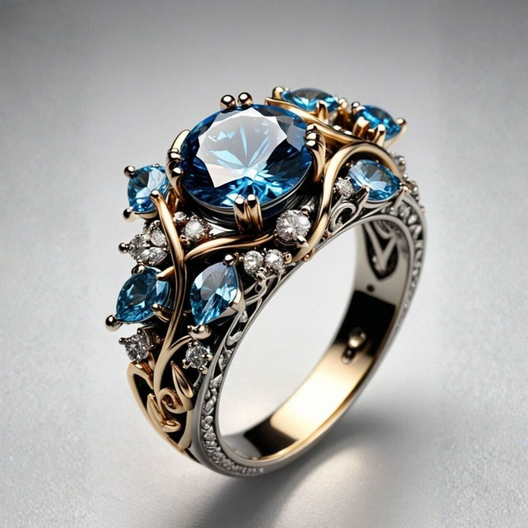 Anel de Cocktail Exótico com Cristal Azul