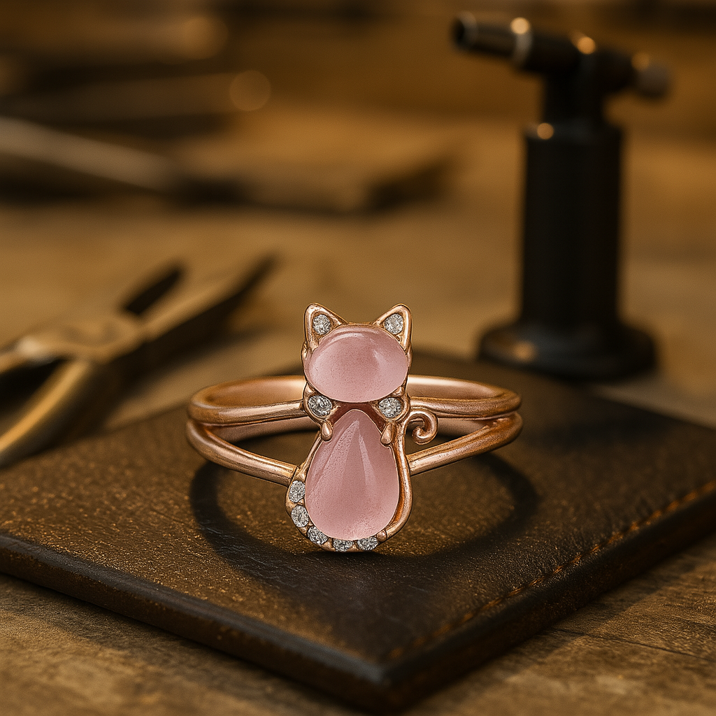 Anel com Gato em Ouro Rosa