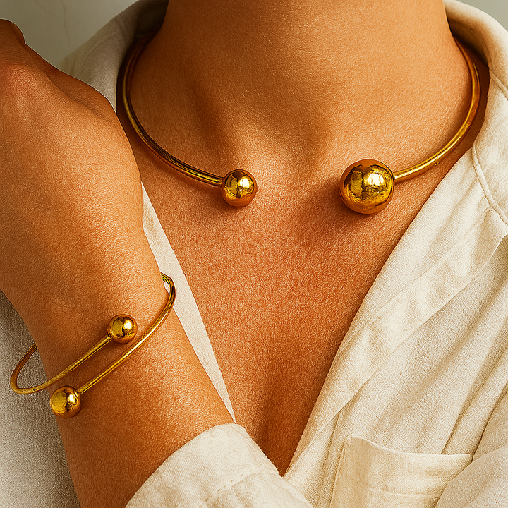 Conjunto Minimalista de Colar e Pulseira Aberta Glow | Ouro