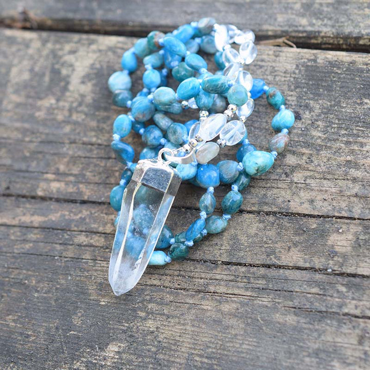 Colar com Apatite Azul e Cristal de Rocha Transparente