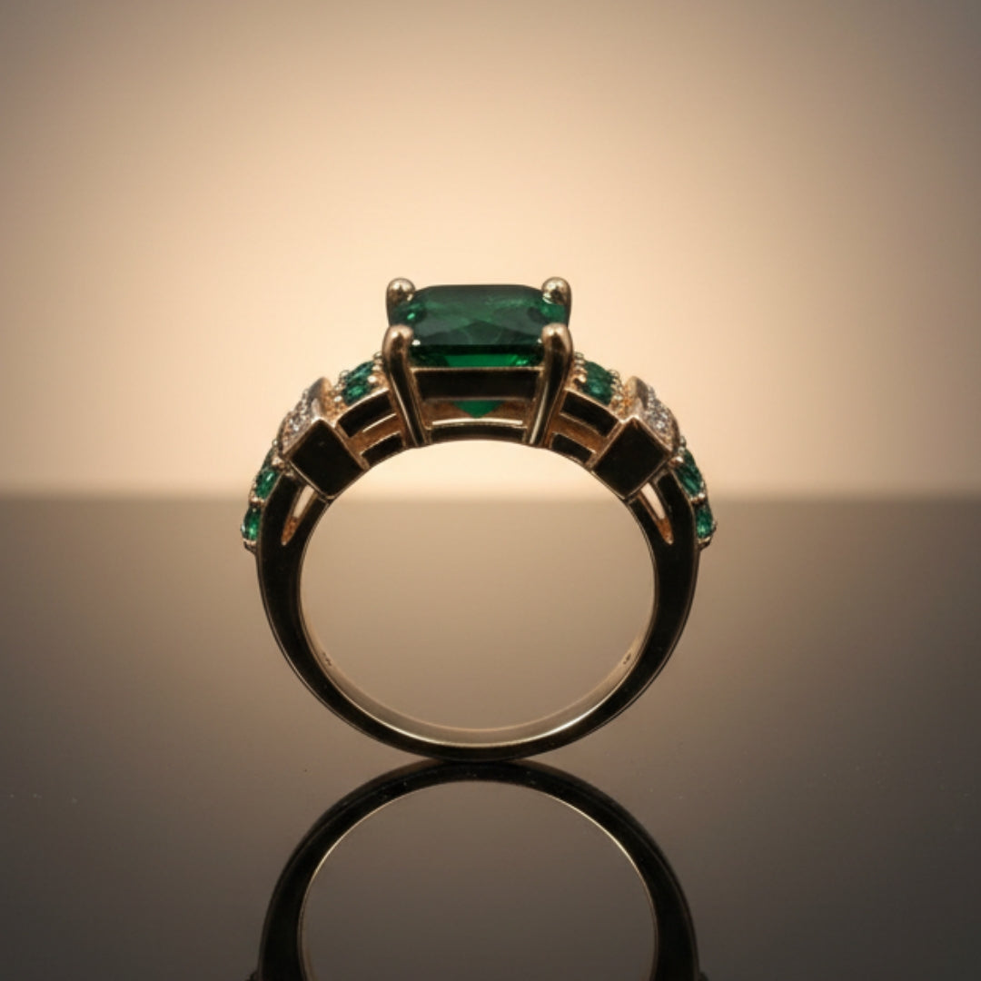 Anel Dourado com Cristais Verdes