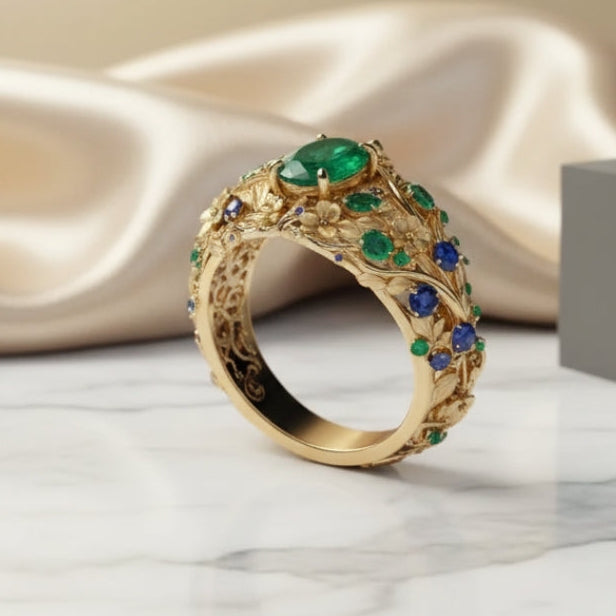 Anel Dourado com Cristais Verdes e Azuis