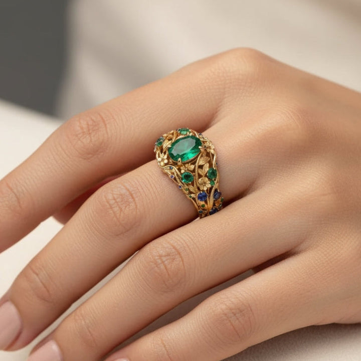 Anel Dourado com Cristais Verdes e Azuis