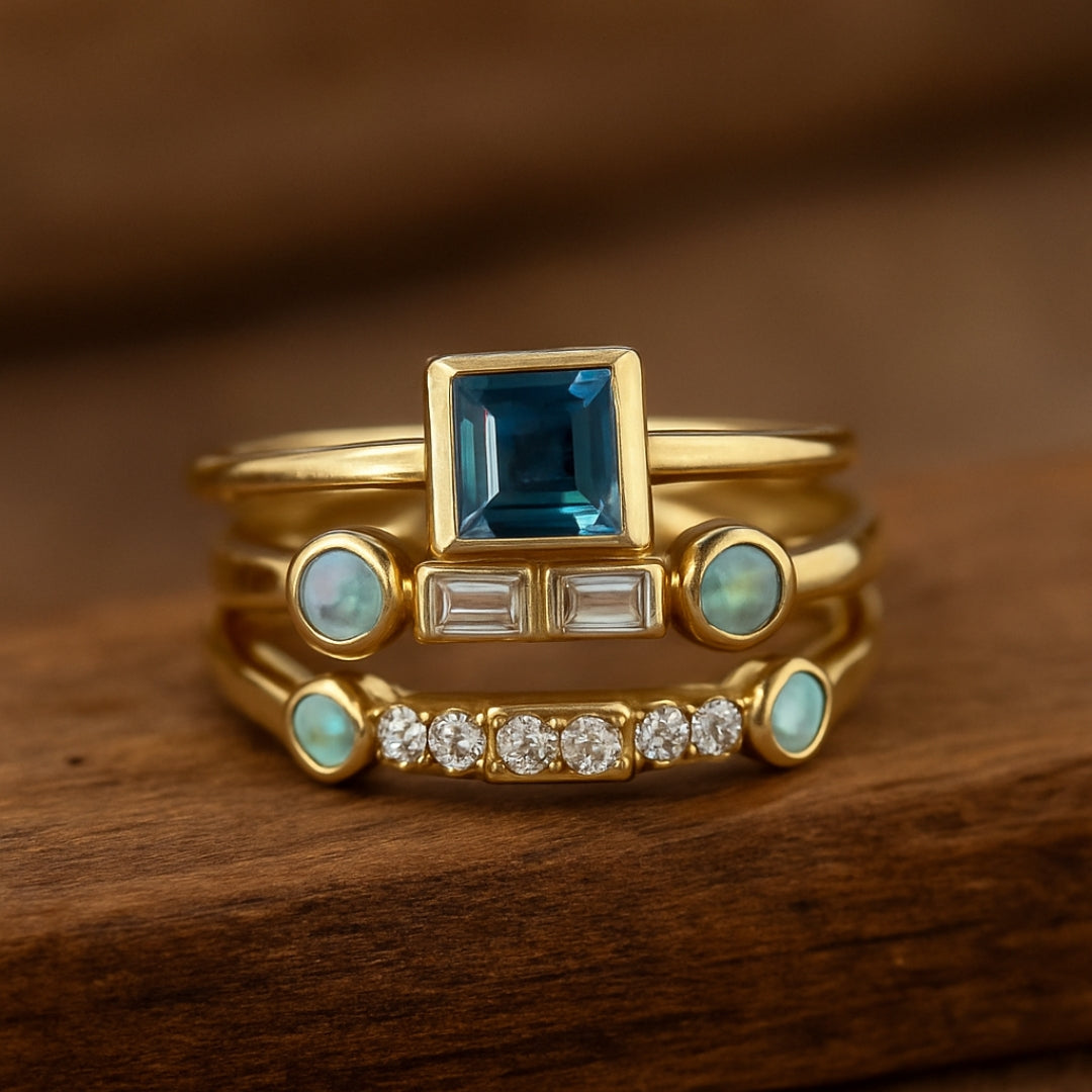 Conjunto de Anéis Vintage com Cristal Azul