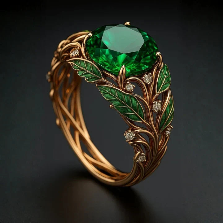 Anel Dourado Exótico com Esmalte Verde e Cristais
