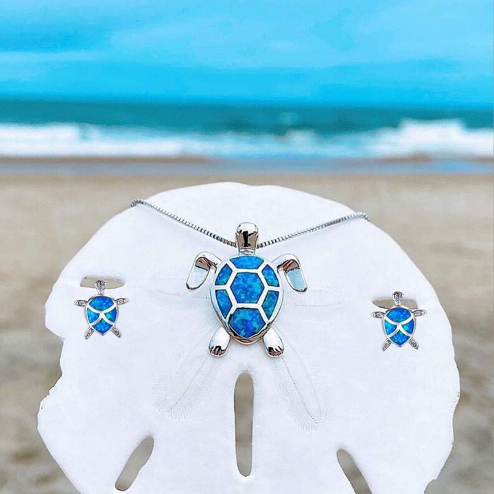 Conjunto de Colar e Brincos com Tartaruga Marinha em Opala e Prata