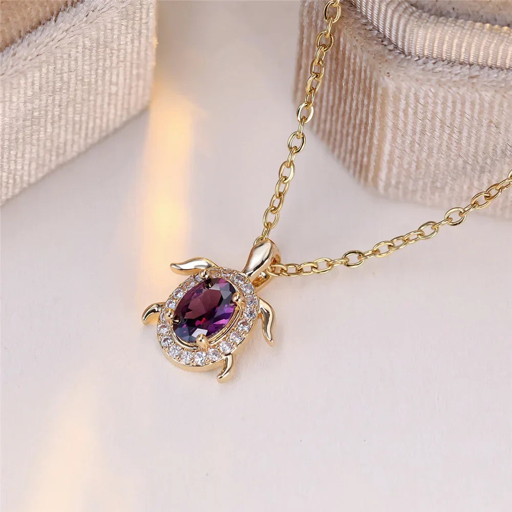Colar com Tartaruga de Cristal Roxo
