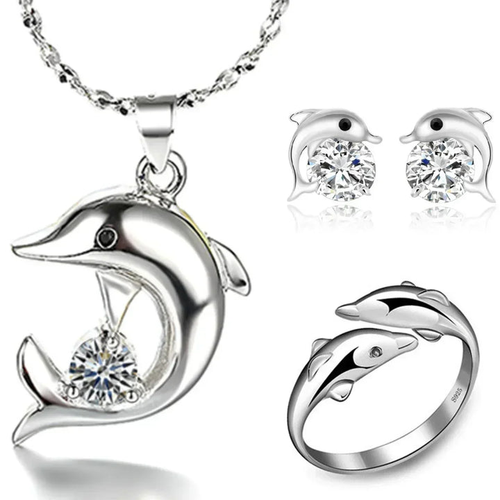 Conjunto de Joias com Golfinho, Prata 925