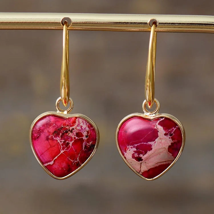 Brincos Pendentes com Coração de Jaspe Vermelho
