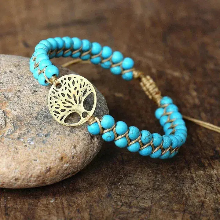 Pulseira Feita à Mão com Árvore da Vida e Turquesa