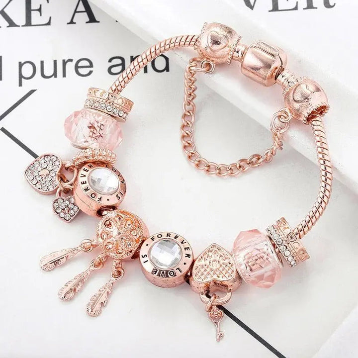 Pulseira com Apanhador de Sonhos Rosa e Pendentes em Prata 925