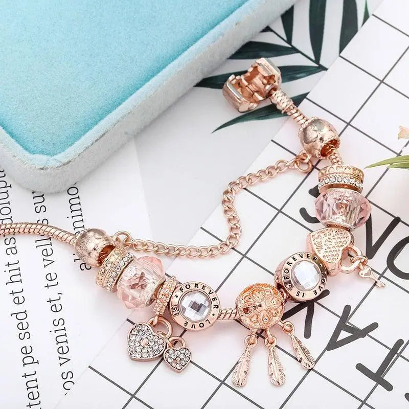 Pulseira com Apanhador de Sonhos Rosa e Pendentes em Prata 925