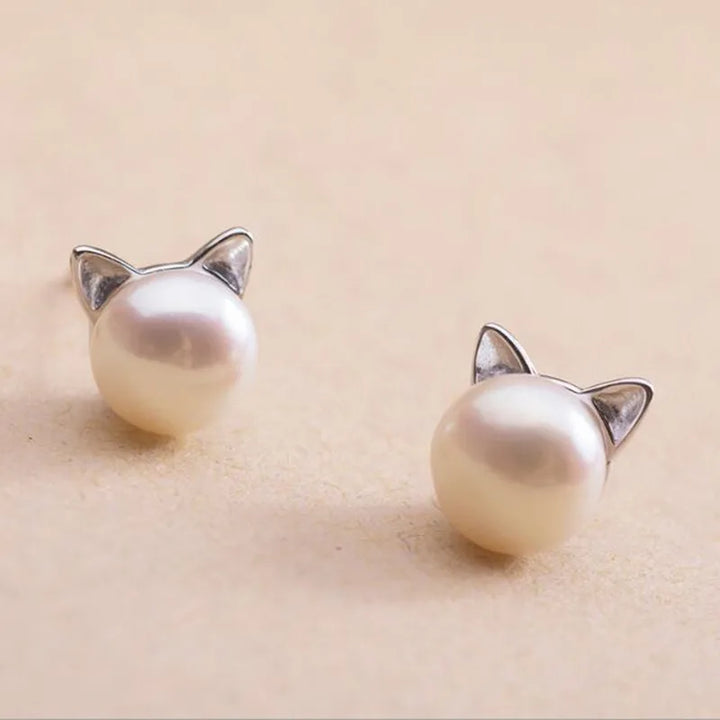 Brincos de Pressão com Pérola e Gato, Prata 925