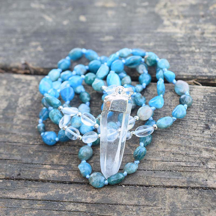 Colar com Apatite Azul e Cristal de Rocha Transparente