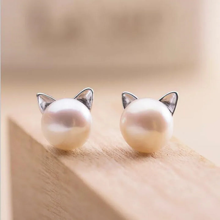 Brincos de Pressão com Pérola e Gato, Prata 925